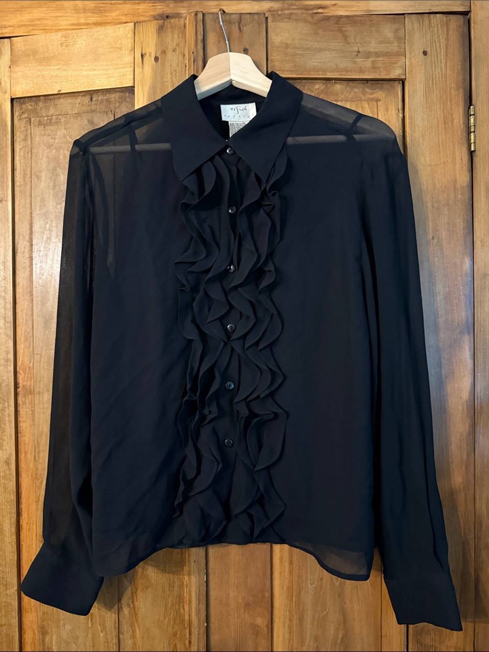 Vintage 90s PL Silk Black Ruffle-Front Button Down Blouse Goth Romantic